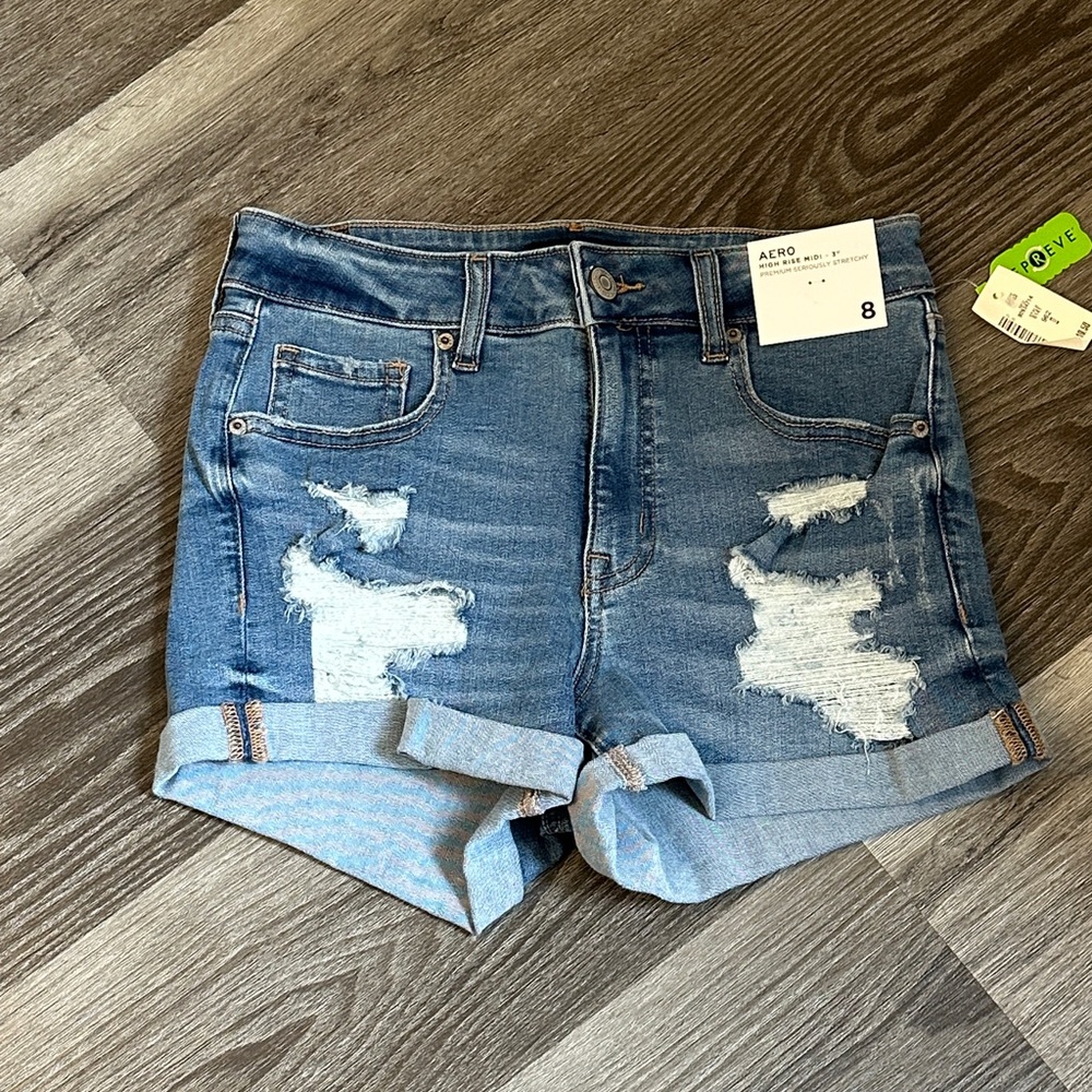 Aeropostale Women's Blue Denim High Rise Midi Shorts 3” - Picture 2 of 6